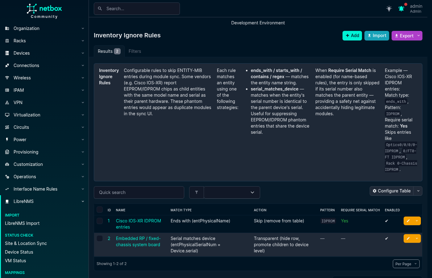 Inventory Ignore Rule List