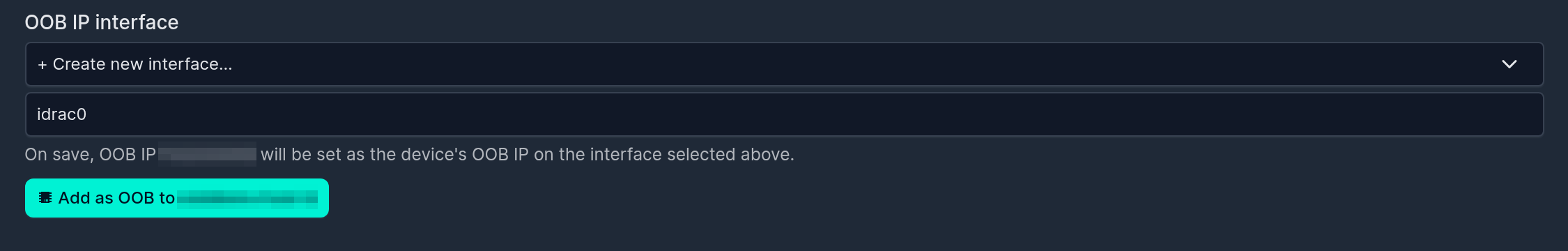 OOB IP interface picker with "+ Create new interface" selected and a suggested name