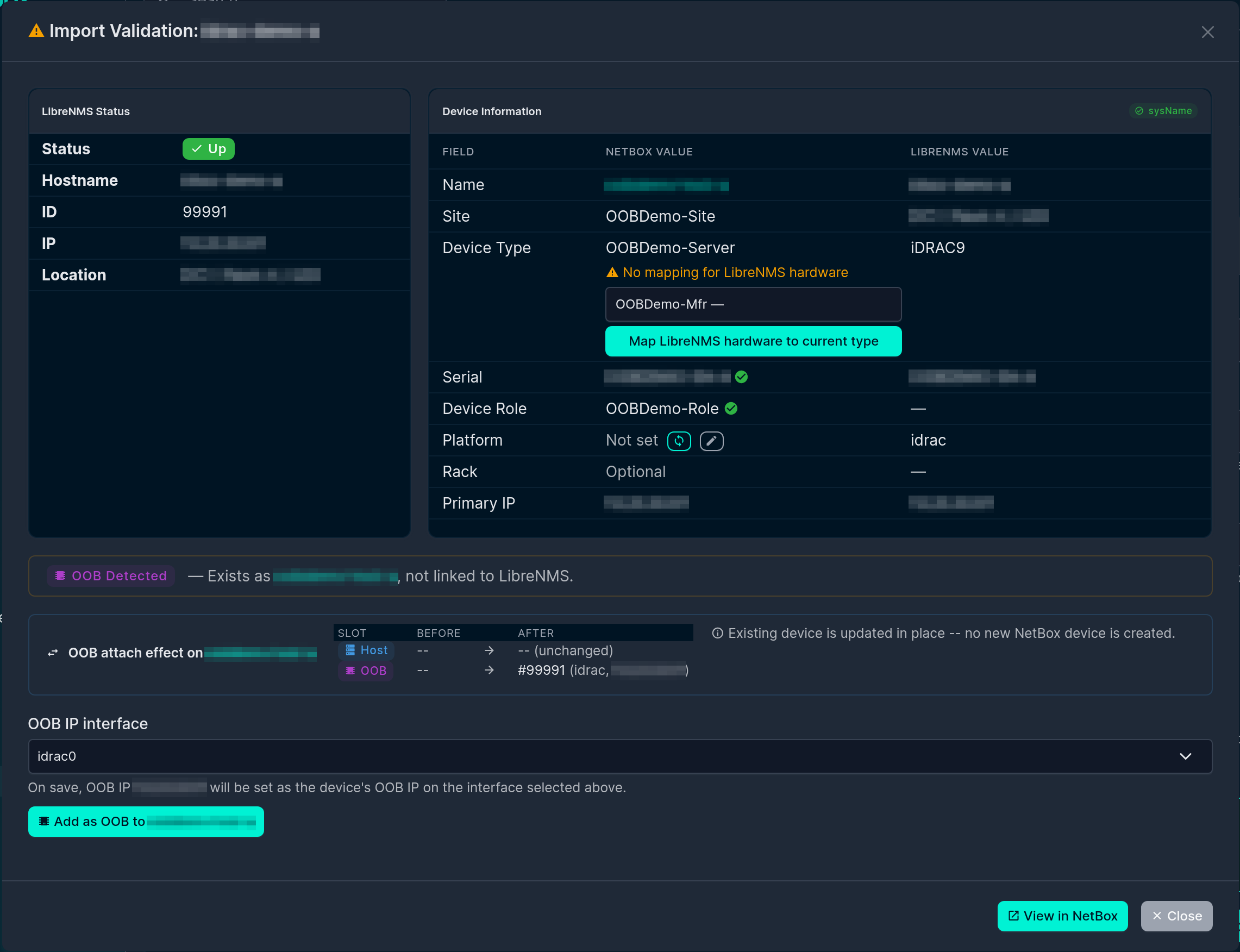 OOB Detected validation panel, showing the OOB attach effect and the Add-as-OOB action